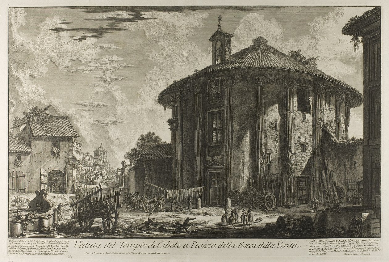 Pohled na chrám Cybele na náměstí Piazza Bocca della Verità, z Pohledů na Řím od Giovanni Battista Piranesi