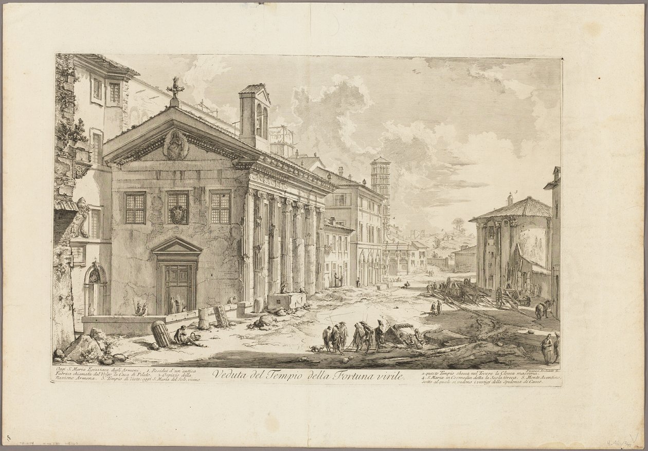 Pohled na chrám Fortuna Virilis. Nyní arménský kostel S. Maria Egiziaca, od Pohledy na Řím od Giovanni Battista Piranesi