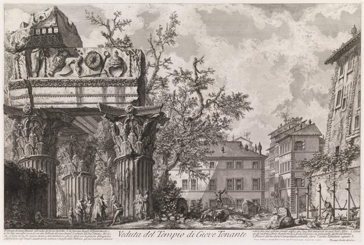 Pohled na chrám Vespasiana a Tita, nazývaný chrám Jupitera Hromovládného, ze série Vedute di Roma od Giovanni Battista Piranesi