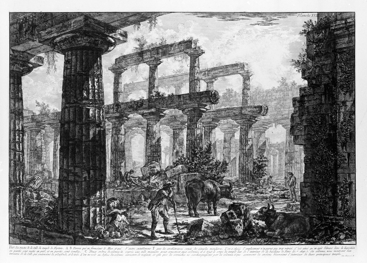 Pohled na chrámy Paestum (litho) od Giovanni Battista Piranesi