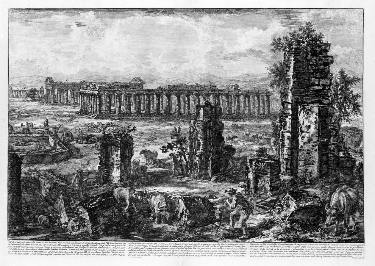 Pohled na chrámy Paestum (litho) od Giovanni Battista Piranesi