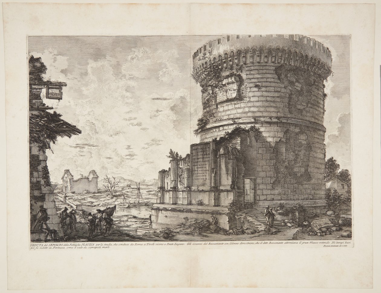 Pohled na hrobku Plautii na silnici, která vede z Říma do Tivoli poblíž Ponte Lugano od Giovanni Battista Piranesi