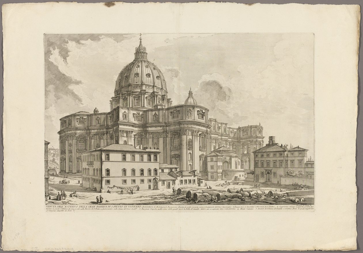 Pohled na exteriér baziliky svatého Petra ve Vatikánu, od Views of Rome od Giovanni Battista Piranesi