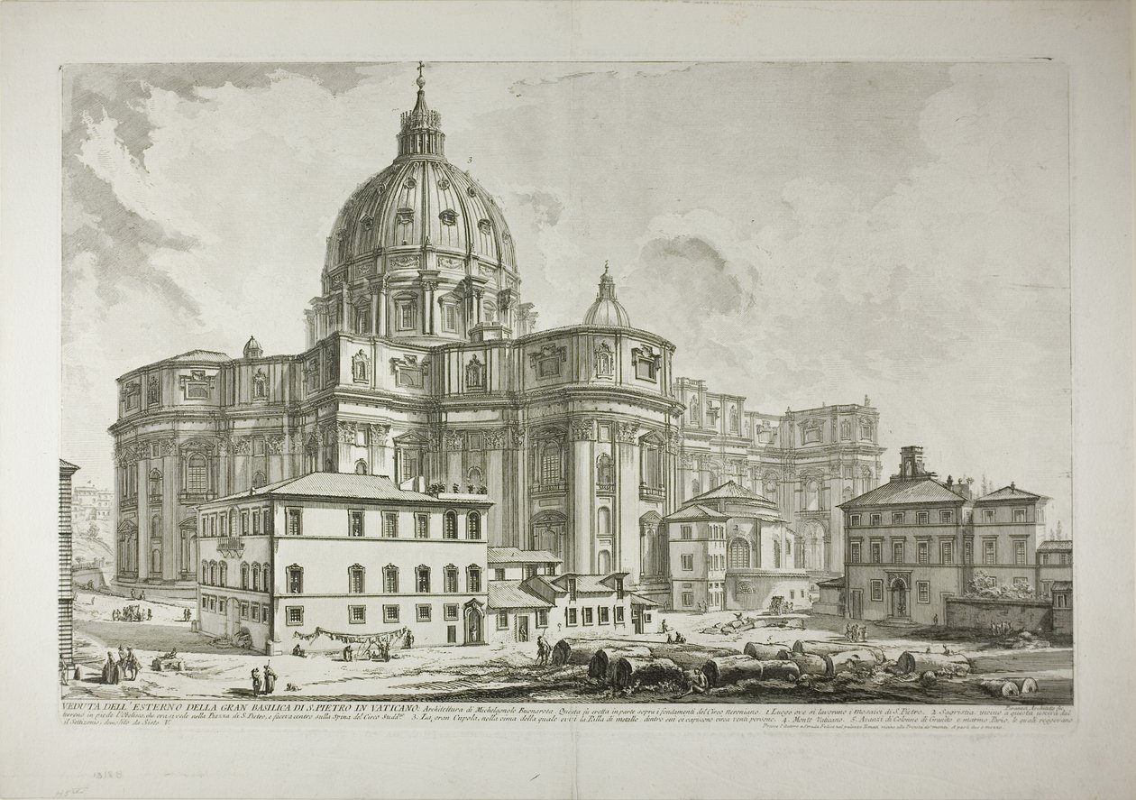 Pohled na exteriér baziliky svatého Petra ve Vatikánu, od Views of Rome od Giovanni Battista Piranesi