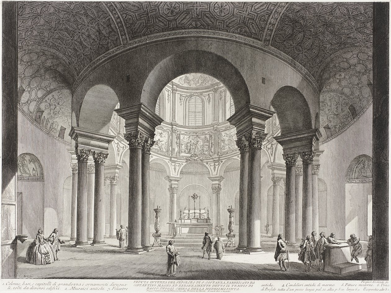 Pohled do interiéru hrobky svaté Costanzy, postavené Konstantinem Velikým a mylně nazývané Bakchův chrám, dnes kostel svaté Costanzy. od Giovanni Battista Piranesi