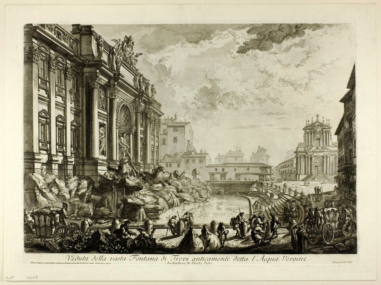 Pohled na velkou fontánu di Trevi, dříve nazývanou Acqua Vergine, z Views of Rome od Giovanni Battista Piranesi