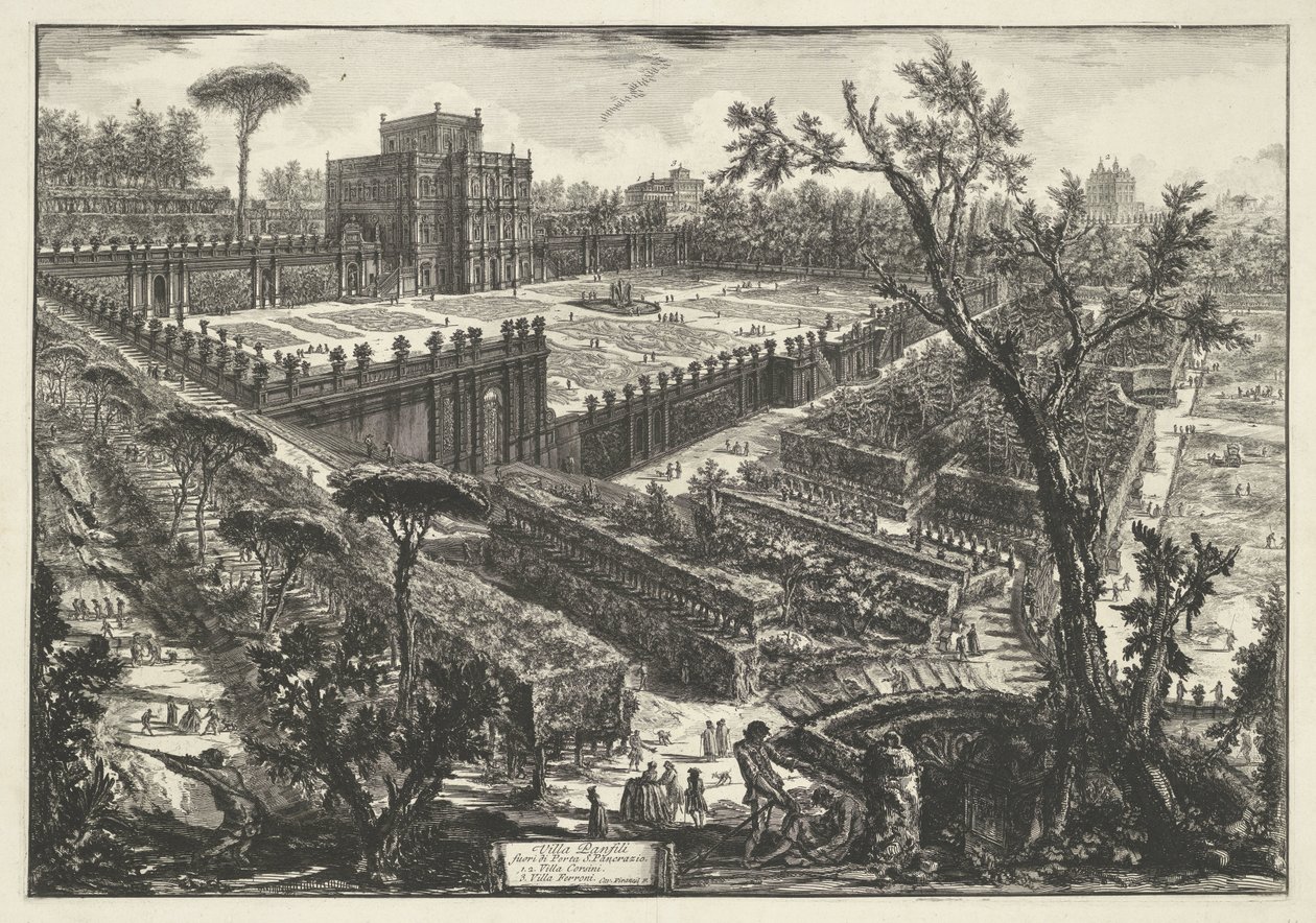 Villa Doria Pamphili te Řím Villa Panfili mimo Porta S. Pancrazio (název na objektu) Gezichten op Rome (název série) Pohledy na Řím navržený a vyrytý architektem Giambattista Piranesi Ve (nez) iano (název série) od Giovanni Battista Piranesi