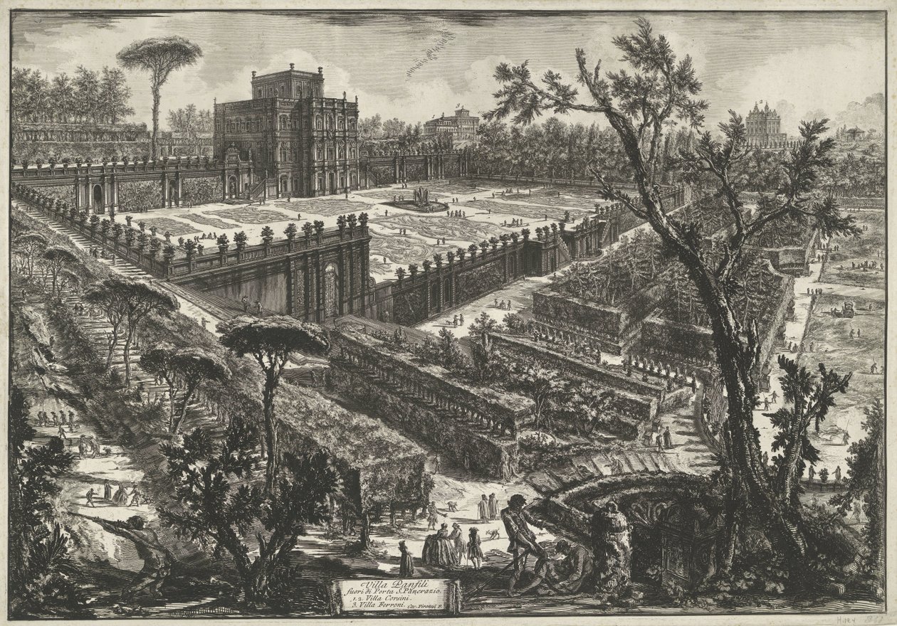 Villa Doria Pamphili te Řím Villa Panfili mimo Porta S. Pancrazio (název na objektu) Gezichten op Rome (název série) Pohledy na Řím navržený a vyrytý architektem Giambattista Piranesi Ve (nez) iano (název série) od Giovanni Battista Piranesi