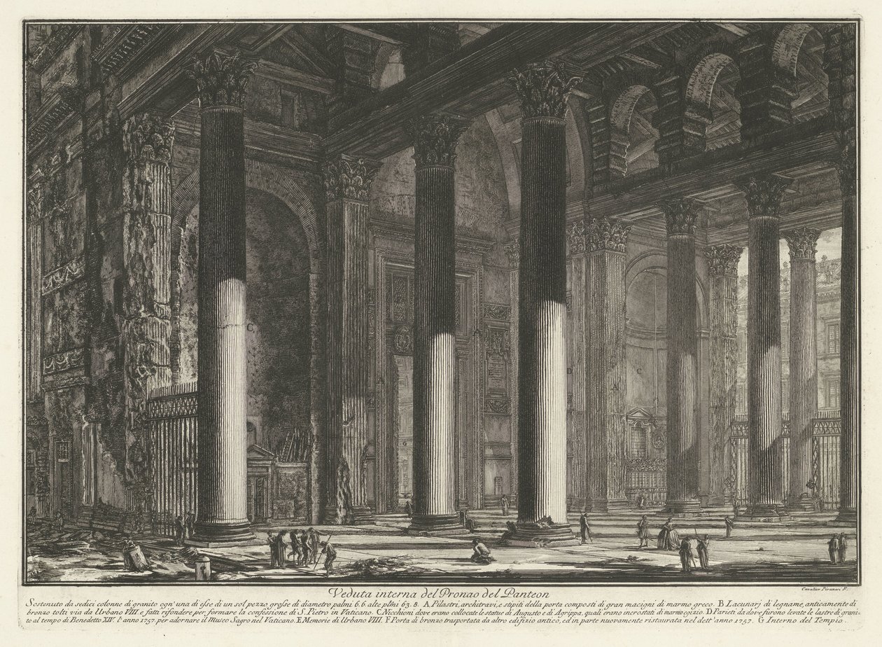 Portál pro Pantheon v Římě Vnitřní pohled na Pronaos Pantheonu (název na objektu) Gezichten op Rome (název série) Pohledy na Řím navržený a vyrytý architektem Giambattista Piranesi Ve (nez) iano (název série) od Giovanni Battista Piranesi