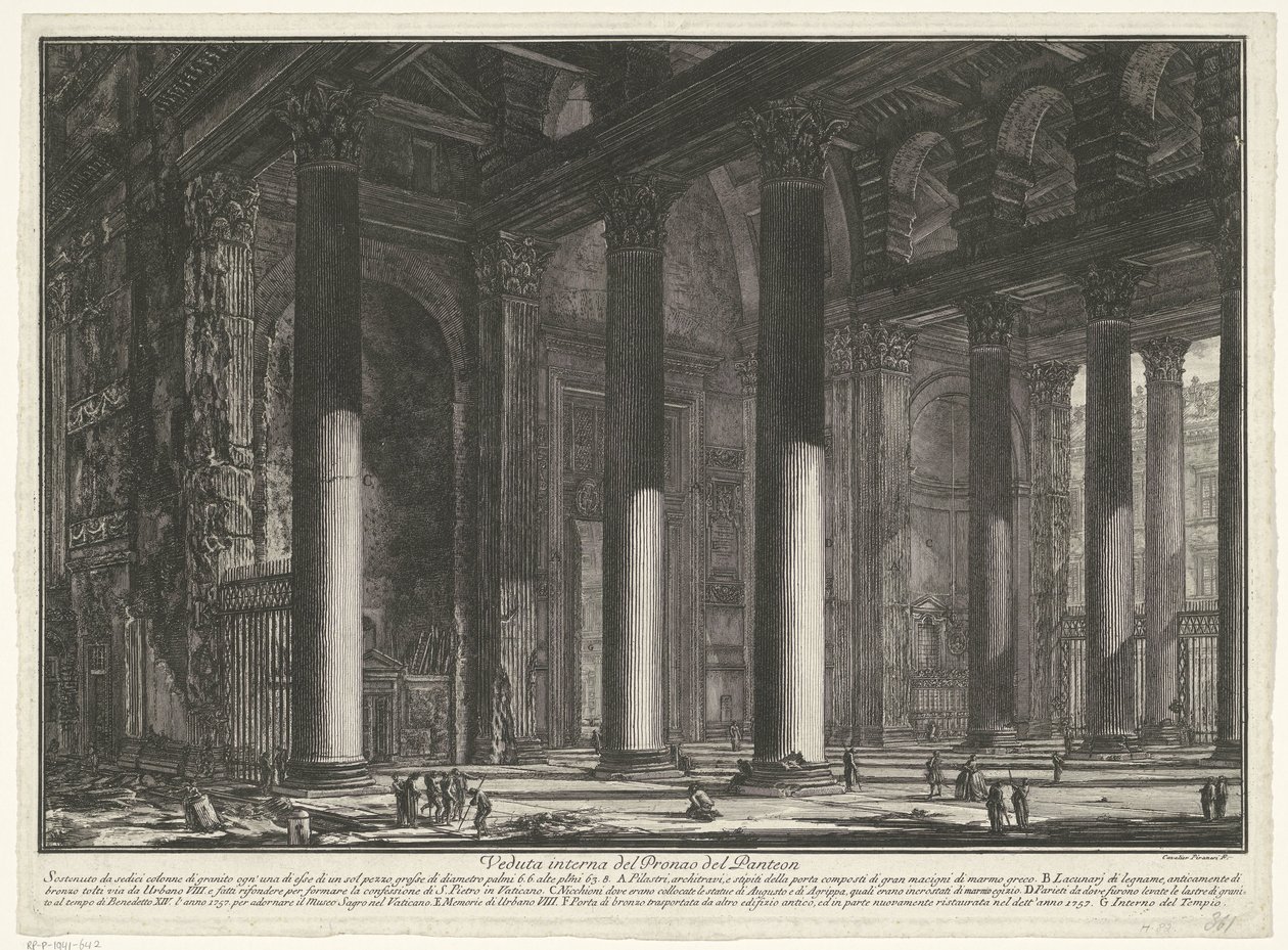 Portál pro Pantheon v Římě Vnitřní pohled na Pronaos Pantheonu (název na objektu) Gezichten op Rome (název série) Pohledy na Řím navržený a vyrytý architektem Giambattista Piranesi Ve (nez) iano (název série) od Giovanni Battista Piranesi