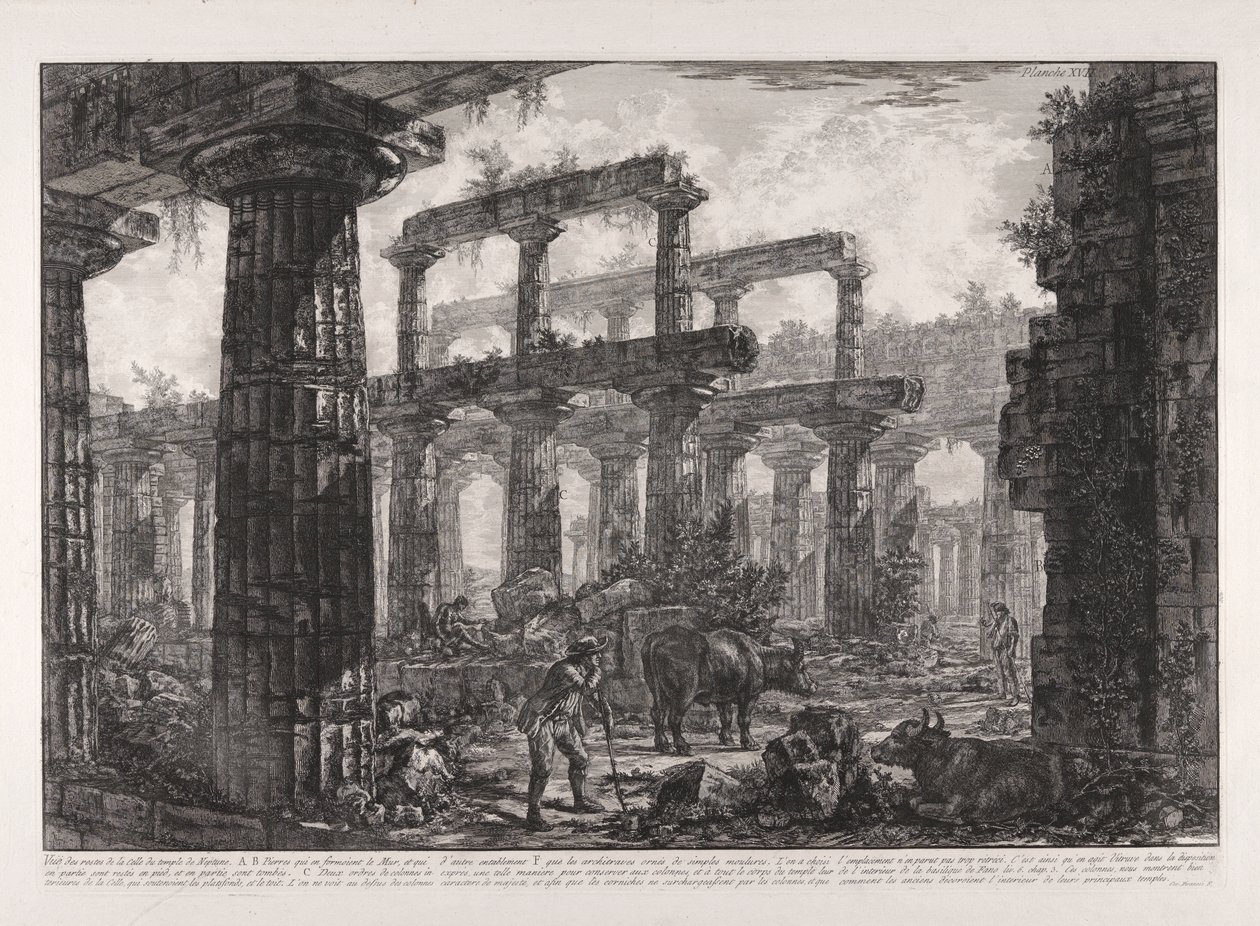 Pohled na zbytky Cella Neptunova chrámu z různých pohledů od Giovanni Battista Piranesi