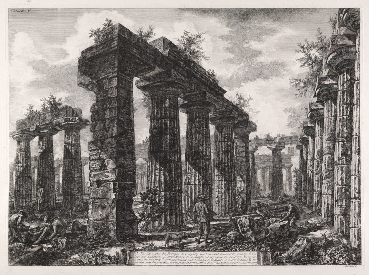 Pohled na pozůstatky pronaa stavby, kterou lze považovat za kolej amfiktyonů, z Různých pohledů na Paestum od Giovanni Battista Piranesi