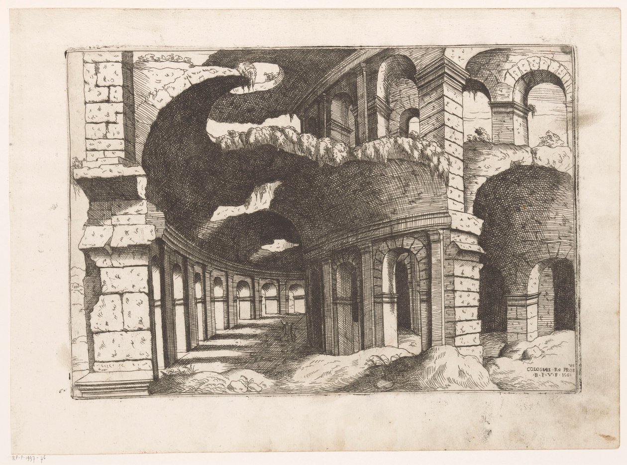 Gezicht in het Colosseum te Rome Colossaei ro pros.us (název na objektu) Římské ruiny (název série) Některé důležité památky římského starověku (...) (název série) od Giovanni Battista Pittoni (I)