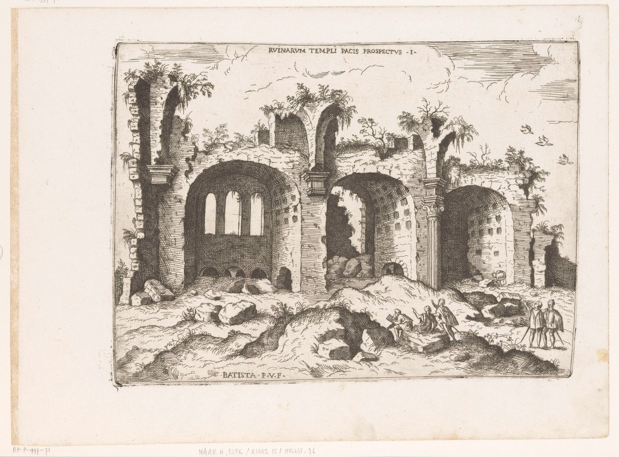 Gezicht op de Basilica van Maxentius te Rome Pohled na ruiny chrámu míru (název na objektu) Římské ruiny (název série) Některé důležité památky římského starověku (...) (název série) od Giovanni Battista Pittoni (I)