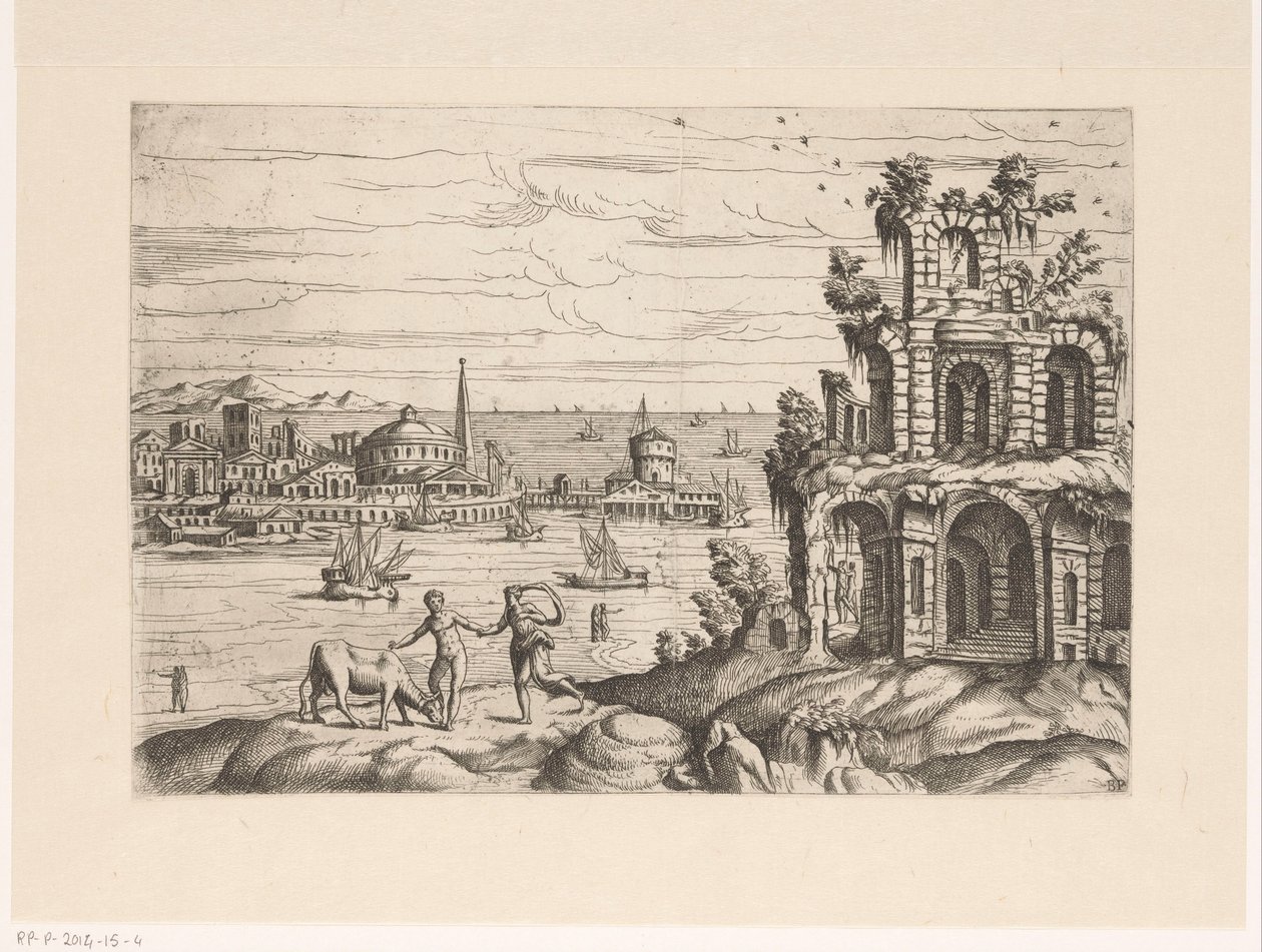 Panoráma města s ruinami a fantasy architekturou u vody Krajiny s ruinami a fantazijní architekturou a postavami v antických a exotických šatech (název série) od Giovanni Battista Pittoni (I)