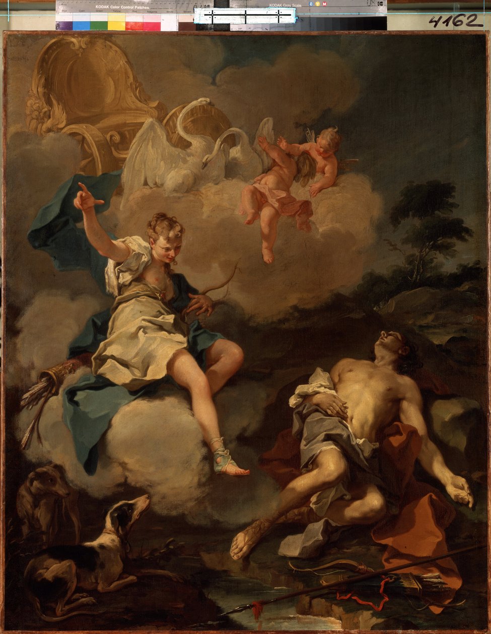 Diana a Endymion (Diana a Endymion). V řecké mytologii Diana (Artemis) navštíví v noci Endymion a upadne do věčného spánku, jen aby rozjímala o její kráse. Obraz Giambattisty (Giovan Battista) (Giovanni Battista) Pitton od Giovanni Battista Pittoni