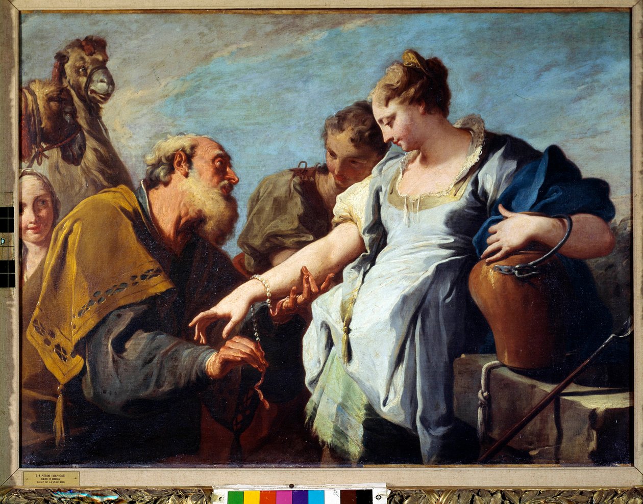 Eliezer a Rebecca Eliezer, Abrahamův služebník, pověřený hledáním manželky pro svého syna Izáka, potkal Rebeccu, která ho následovala, aby se provdala za mladého muže. od Giovanni Battista Pittoni