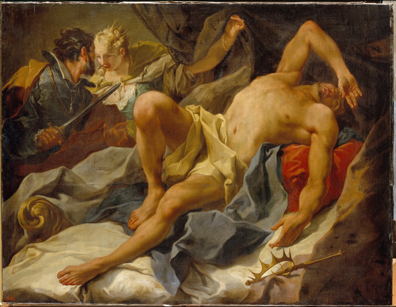 Smrt krále Candaules (nebo Sadyatte nebo Myrsile, král Lydie, 8. století před naším letopočtem). (Death Of King Candaules) - Zavražděn Gygesem, jeho důvěrníkem a rivalem, který ho ubodal a oženil se s jeho manželkou Queen Tudo - Obraz Giambattista (Giovan  od Giovanni Battista Pittoni