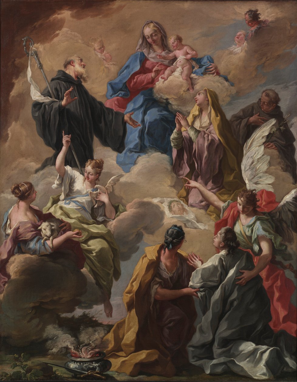 Svatí představující zbožnou ženu Panně a Dítěti, 20. léta 18. století. od Giovanni Battista Pittoni