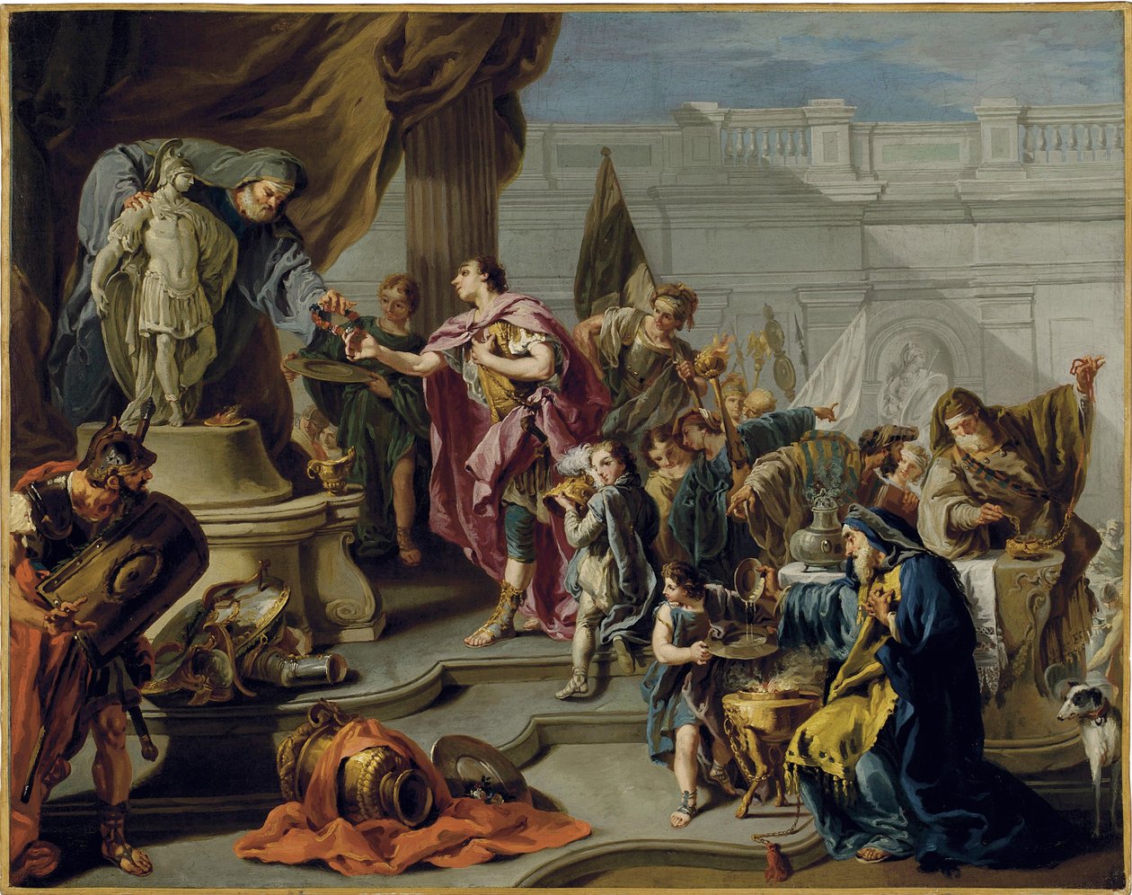 Afričan Scipion (Publius Cornelius Scipio Africanus) (235-183 př. n. l.) vzdává hold bohu Marsovi (Scipio vzdává hold Marsu) - obraz Giovana Battisty Pittoniho (1687-1767), olej na plátně (71,7x91,1 cm) - Soukromá sbírka od Giovanni Battista Pittoni