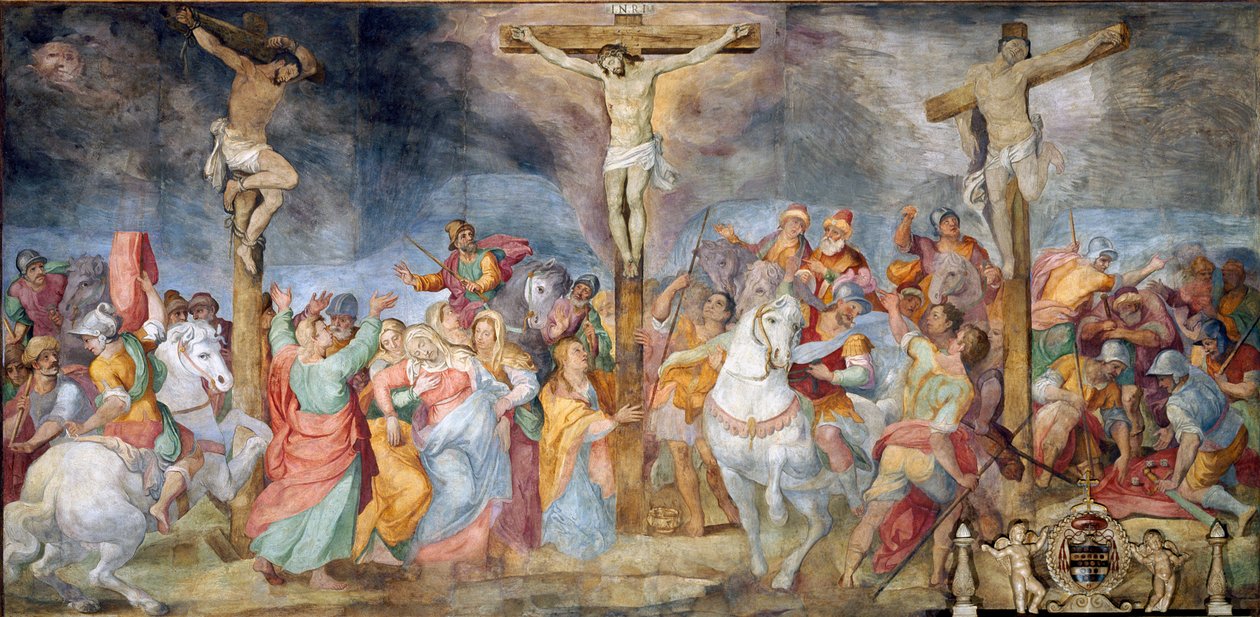 Nápis Ukřižování Inri (I.N.R.I.) na kříži. Po stranách znázornění dobrého zloděje (také nazývaného Saint Dismas (nebo Dysmas, Dimas, Dumas) a zlého zloděje (Gesmas nebo Gestas), dva zloději ukřižovaní s Ježíšem Kristem. Freska od Giovanni B. od Giovanni Battista Ricci