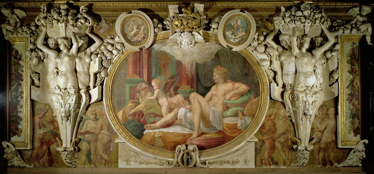 Danae, detail výzdoby v Galerii Františka I., freska 1530-40 od Giovanni Battista Rosso Fiorentino