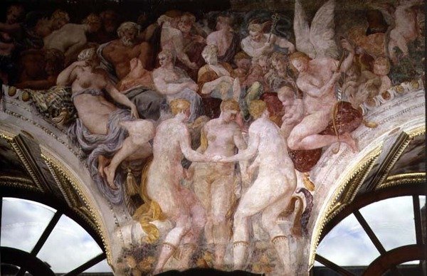 Tančící bohyně, detail výzdoby v Galerii Františka I od Giovanni Battista Rosso Fiorentino