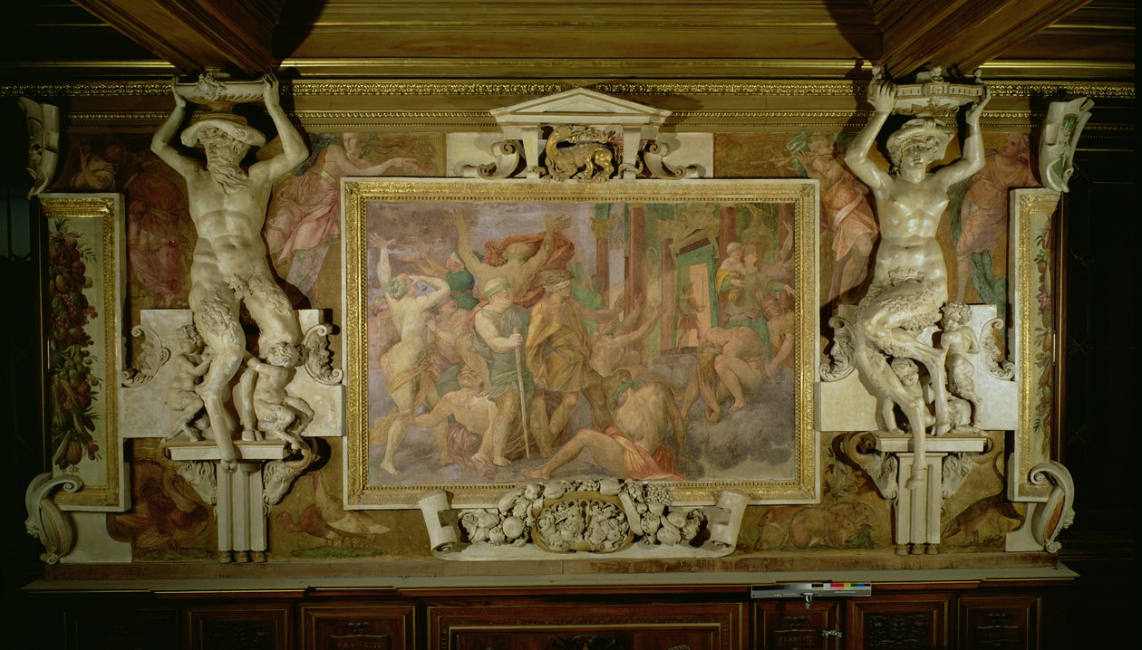 Hon na nevědomost, detail výzdoby v galerii Františka I., freska a štuky z let 1530-40 od Giovanni Battista Rosso Fiorentino