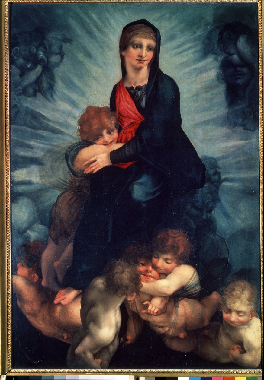 Panna a dítě s anděly (The Virgin and the Child with angels). Obraz Fiorentino Rosso (1495-1540). Olej na plátně od Giovanni Battista Rosso Fiorentino