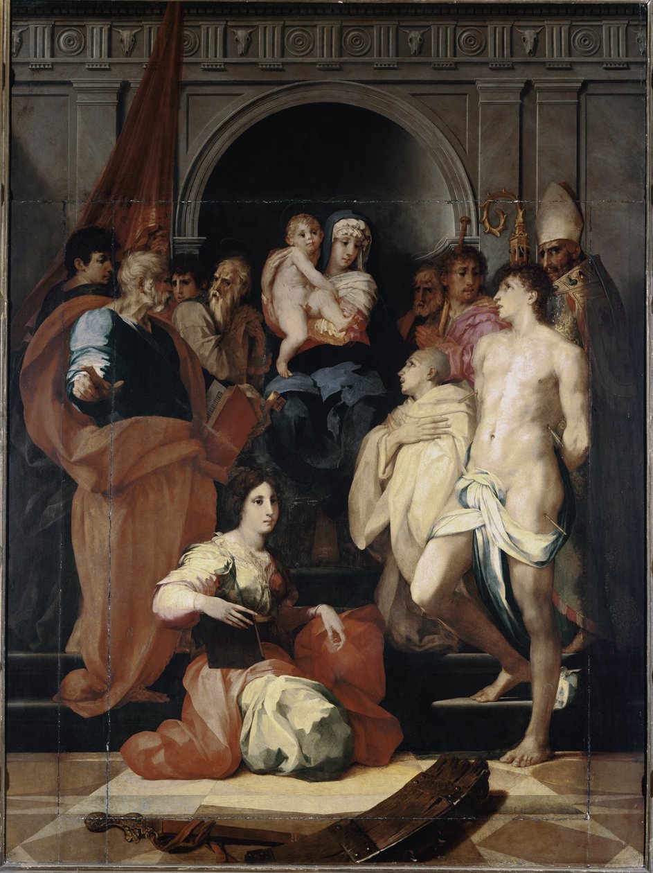 Madona na trůnu má dítě a svaté (olej na plátně od Giovanni Battista Rosso Fiorentino