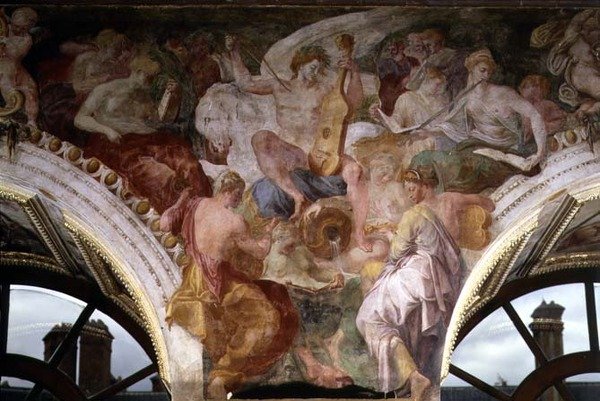 Parnas, detail výzdobného schématu v Galerii Františka I od Giovanni Battista Rosso Fiorentino