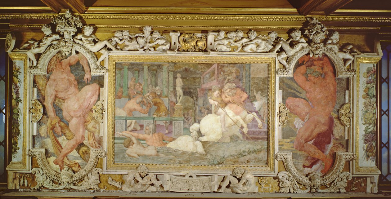 Achillova výchova, detail výzdoby v galerii Františka I., 1530-40 freska a štuky viz také 210355 od Giovanni Battista Rosso Fiorentino
