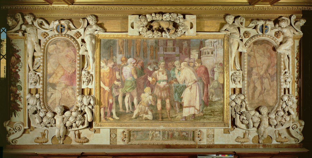 Sjednocení státu, detail výzdoby v galerii Františka I., 1530-40 freska a štuky od Giovanni Battista Rosso Fiorentino