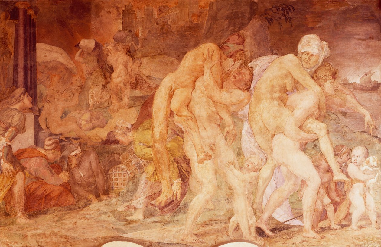 Dvojčata Catania, Anfinomo a Anapio, freska v galerii Františka I. v Chateau de Fontainebleau, Francie (na seznamu světového dědictví UNESCO od Giovanni Battista Rosso Fiorentino