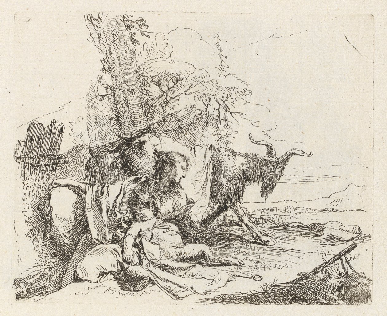 Nymfa s malým satyrem a dvěma kozami, z Vari capricci (Různí capriccios) od Giovanni Battista Tiepolo
