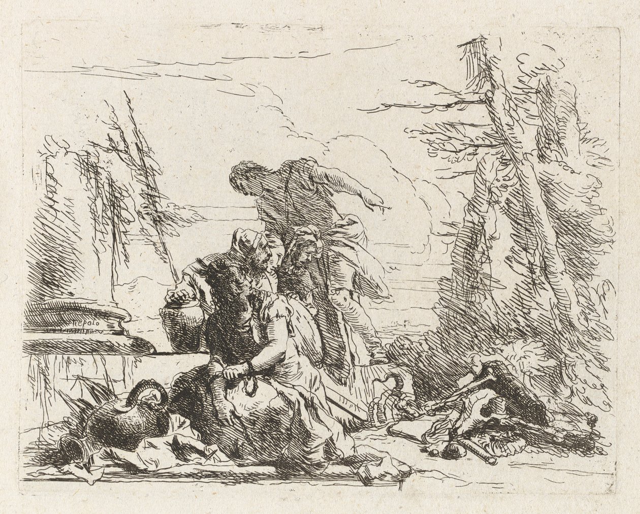 Žena s rukama v řetězech a čtyřmi dalšími postavami, z Vari capricci (Různí Capriccios) od Giovanni Battista Tiepolo