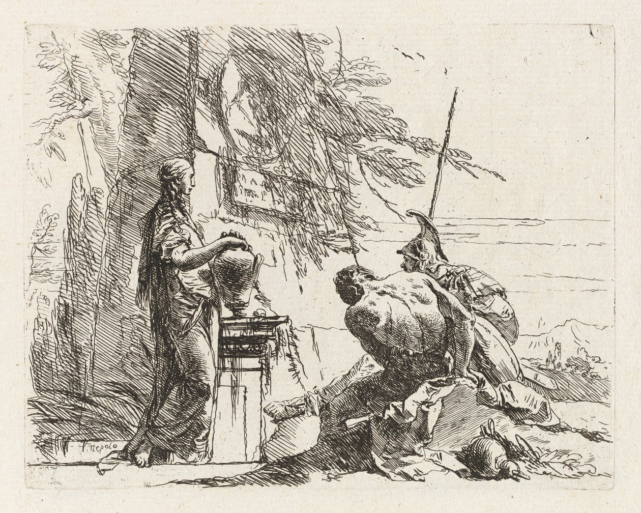 Žena s rukama na váze, voják a otrok, z Vari capricci (Různí Capriccios) od Giovanni Battista Tiepolo