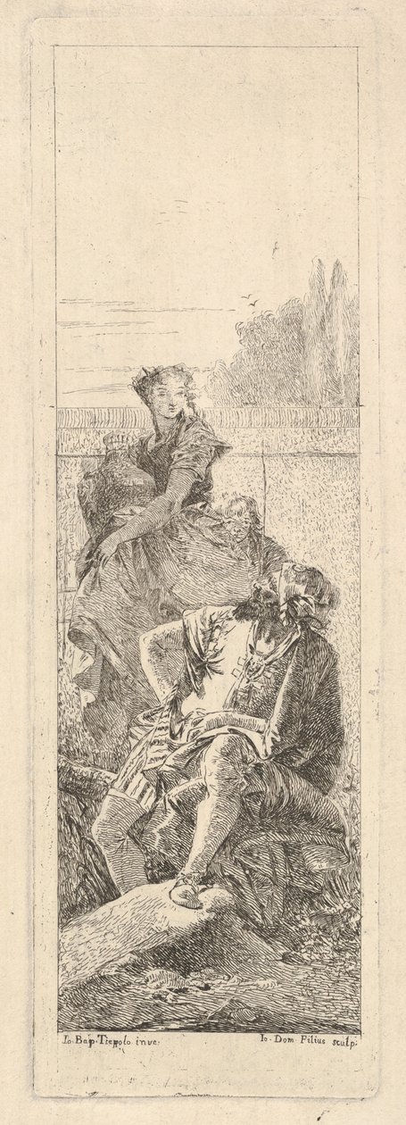Vousatý, sedící muž se dívá přes své pravé rameno na dítě a ženu s..., ca. 1750-55. od Giovanni Battista Tiepolo
