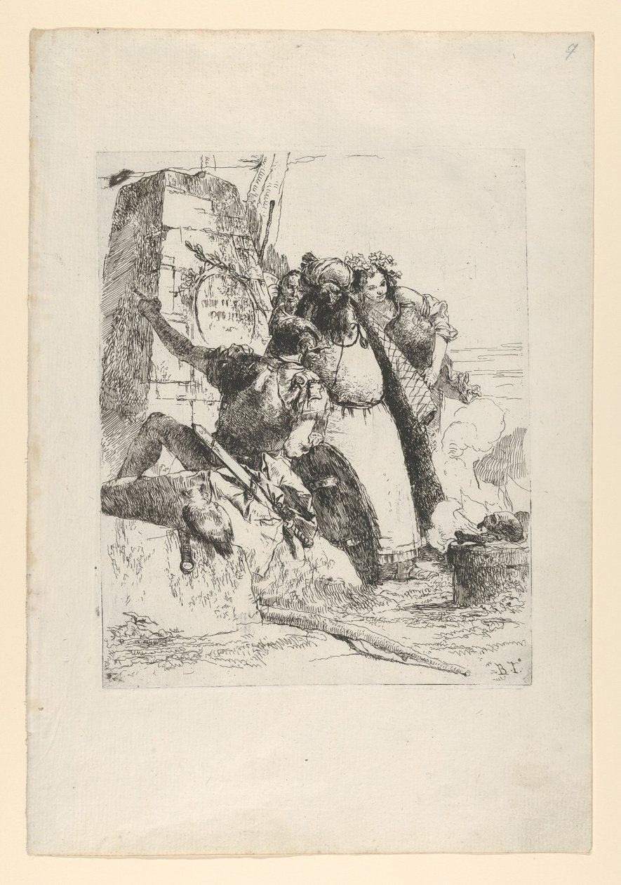 Kouzelník, voják a tři postavy sledující hořící lebku ze Scherzi d..., ca. 1743-50. od Giovanni Battista Tiepolo