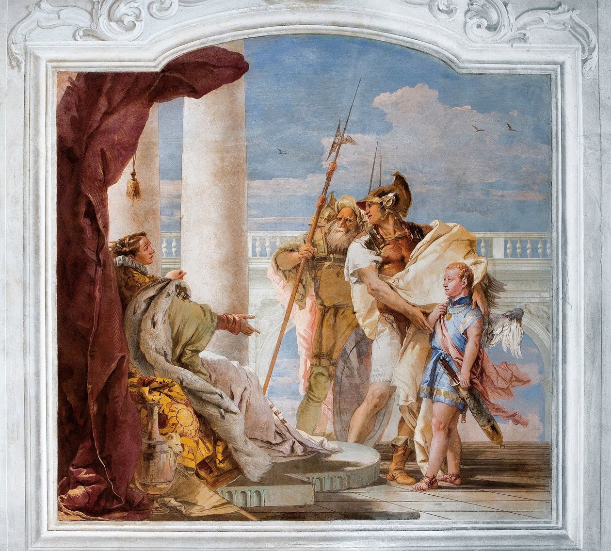 Aeneid představuje Amora, převlečeného za Ascania, Dido z pokoje Aeneidy v Palazzině, 1757 od Giovanni Battista Tiepolo
