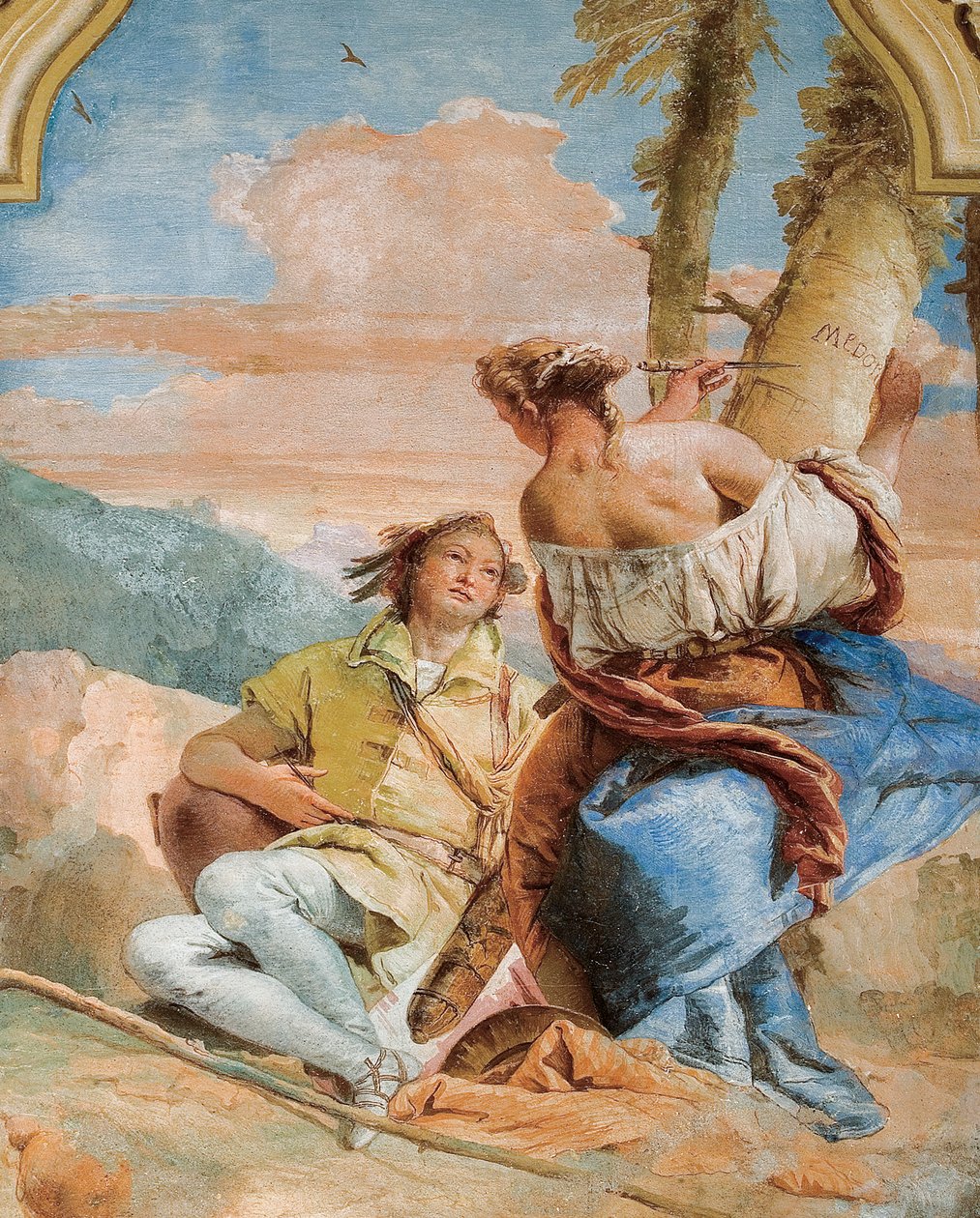 Angelica vyřezává jméno Medoros do stromu z pokoje Orlanda Furiosa v Palazzině, 1757 od Giovanni Battista Tiepolo