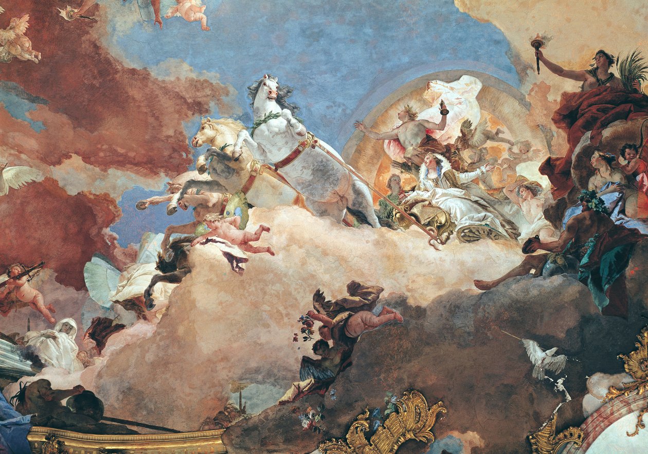 Apollón na slunečním voze vezoucí Beatrici I. (1145-84) k Fridrichu I. Barbarossovi (1122-90) detail ze stropu císařského pokoje (freska) od Giovanni Battista Tiepolo
