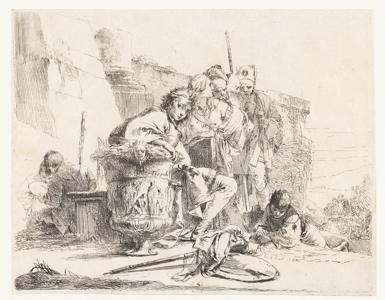 Chlapec sedící vedle vázy s dalšími lidmi od Giovanni Battista Tiepolo