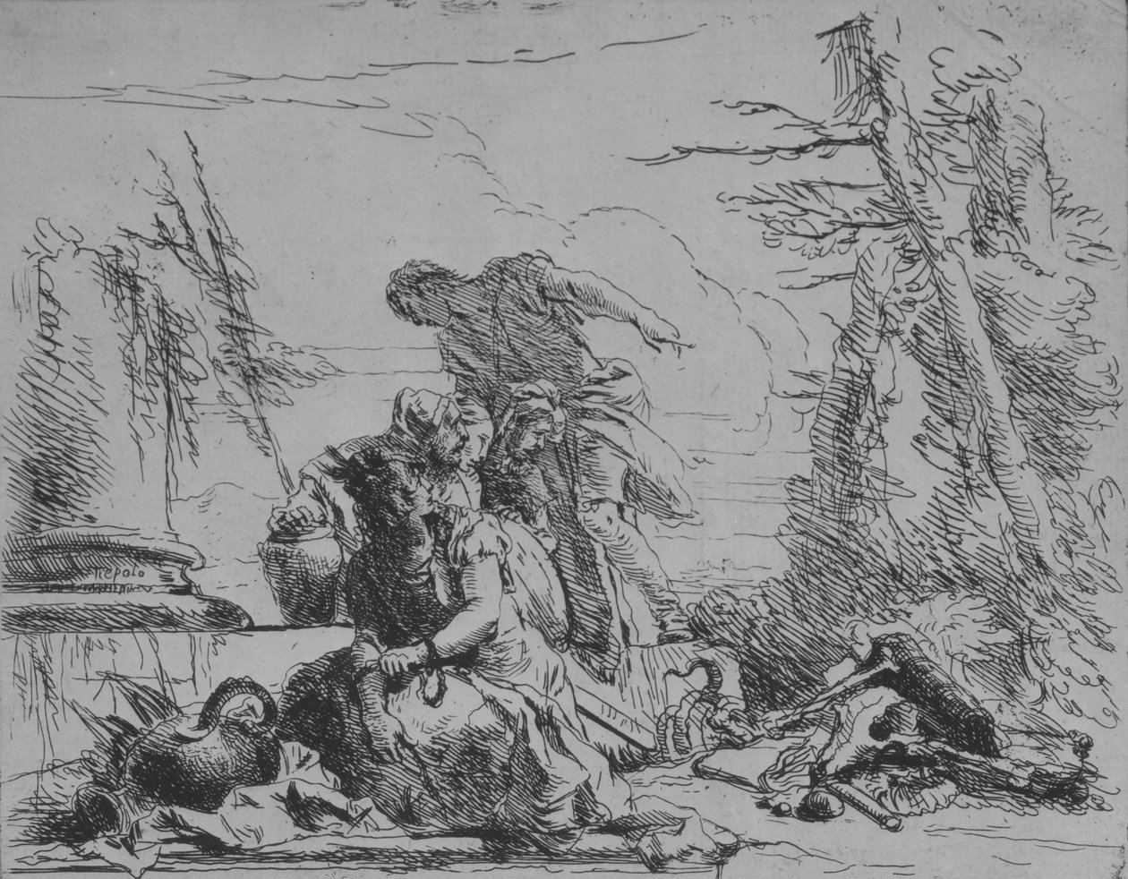 Spoutaná žena a další postavy týkající se Pyre of Bones, od Capricci, 1743. od Giovanni Battista Tiepolo