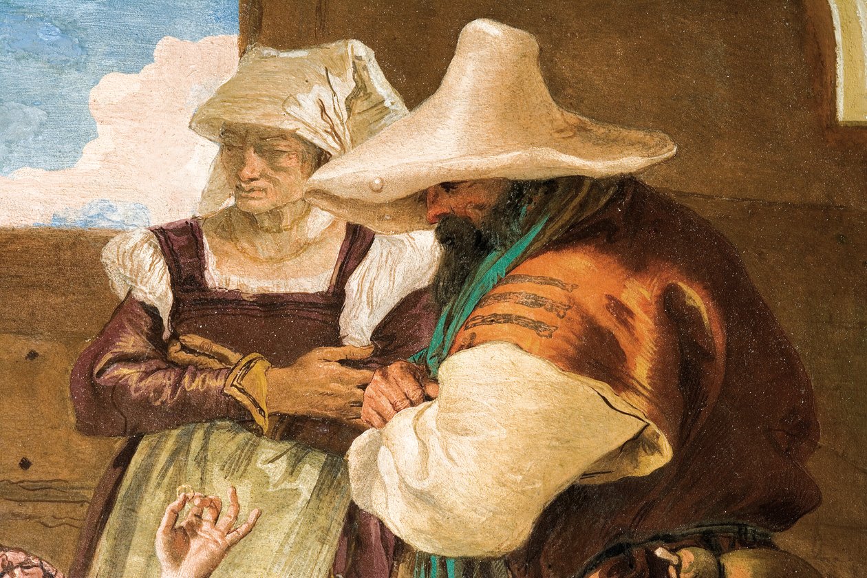 Detail z Angeliky a Medora, jak se rozcházejí s rolníky, z pokoje Orlanda Furiosa v Palazzině, 1757 od Giovanni Battista Tiepolo