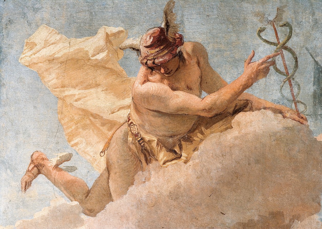 Detail Merkura, od Merkura nabádajícího Aenea, aby opustil Kartágo, z pokoje Aeneid v Palazzině, 1757 od Giovanni Battista Tiepolo
