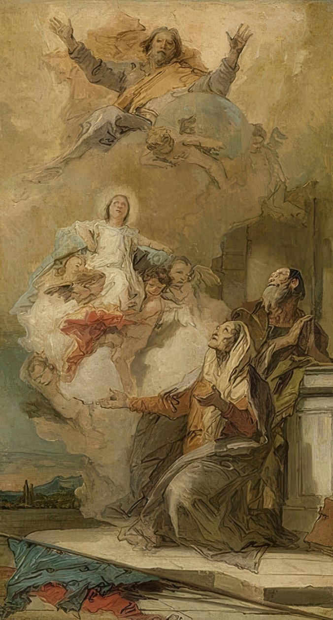 Neposkvrněné početí (Joachim a Anna přijímají Marii od Boha). Kolem 1757-59 od Giovanni Battista Tiepolo