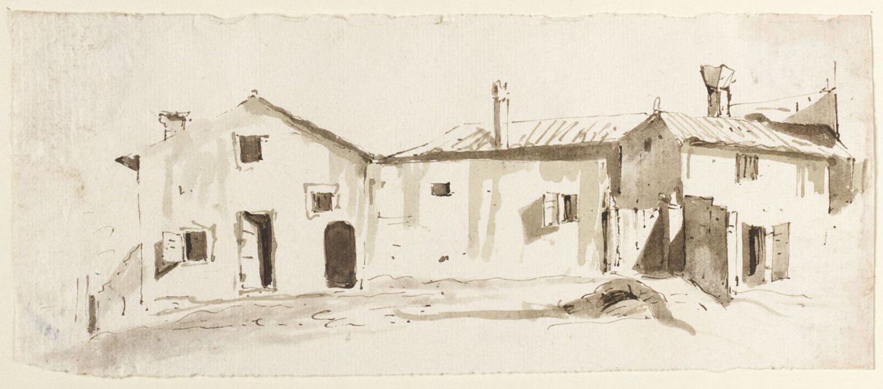 Hospodářské budovy s otevřenými dveřmi, mostem a bránou od Giovanni Battista Tiepolo