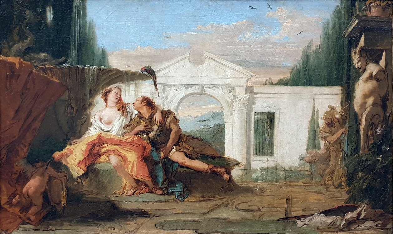 Němčina:  Rinaldo und Armida im Zaubergarten Armidas, von Carlo und Ubaldo belauscht Rinaldo a Armida v Armidině kouzelné zahradě, odposlouchávaní Carlem a Ubaldem od Giovanni Battista Tiepolo
