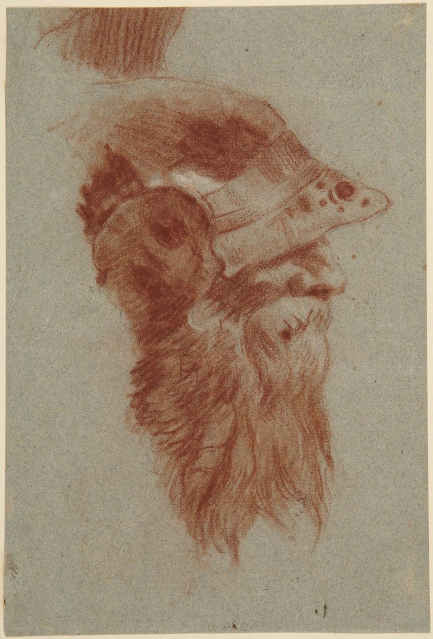 Studie hlavy vousatého vojáka pro Císařský sál ve Würzburgu od Giovanni Battista Tiepolo